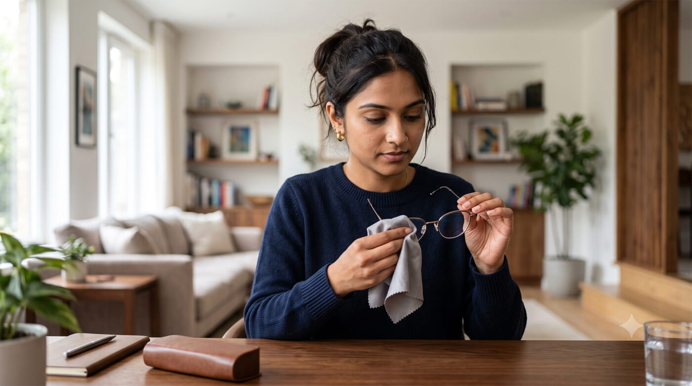 Person cleaning eyeglasses with a microfiber cloth