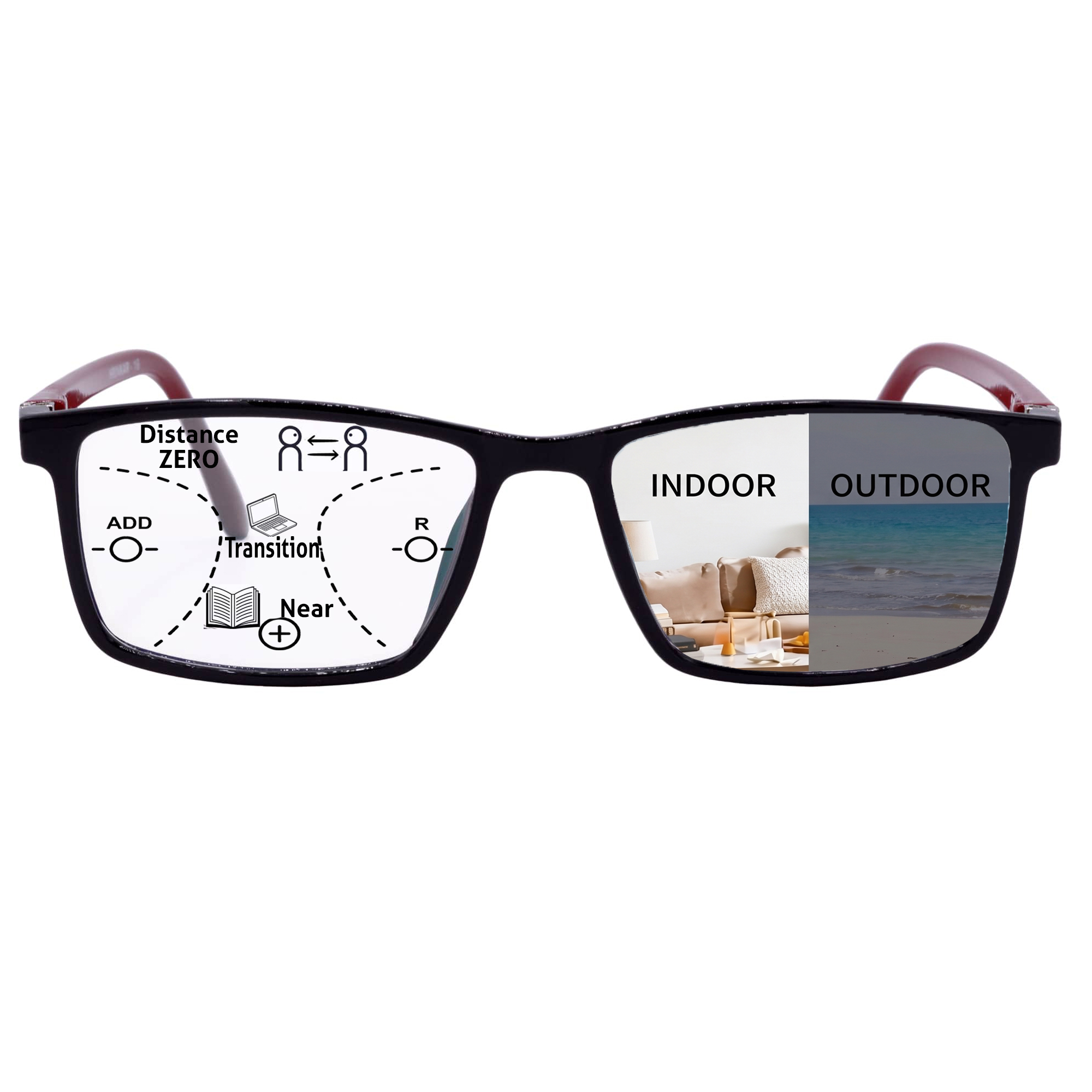 Hrinkar Photochromic Progressive Multifocal Reading Glasses Blue Light Blocking Women and Men +1.00 to +3.00 Multifocus Computer Readers with Spring Hinge | Day and Night Photo Grey Glasses | Black and Red | HRPR-PG16-BK-RD-100 | HRPR-PG16-BK-RD