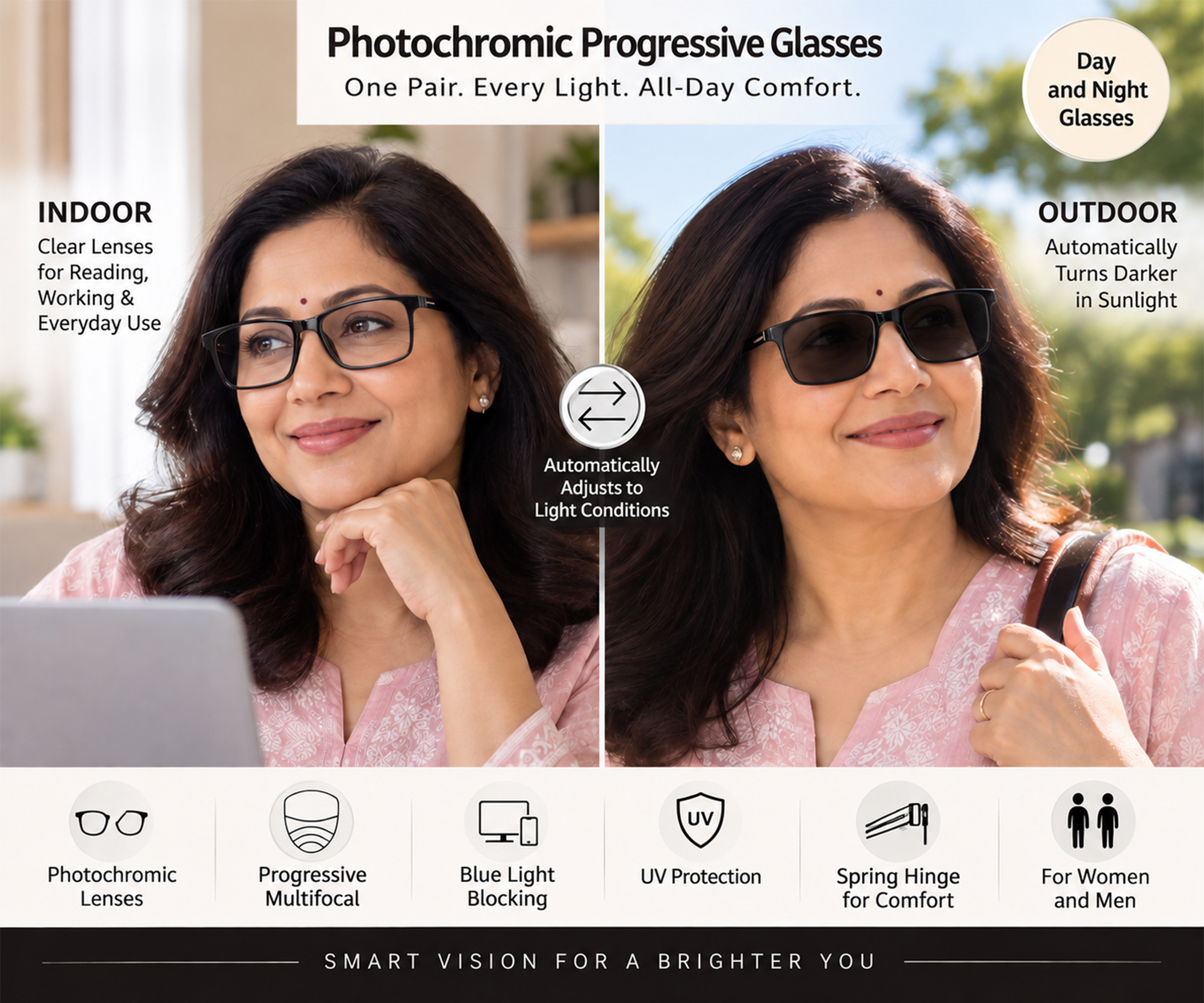 Hrinkar Photochromic Progressive Multifocal Reading Glasses Blue Light Blocking Women and Men +1.00 to +3.00 Multifocus Computer Readers with Spring Hinge | Day and Night Photo Grey Glasses | Black and Red | HRPR-PG15-BK-RD-100 | HRPR-PG15-BK-RD - Image 4