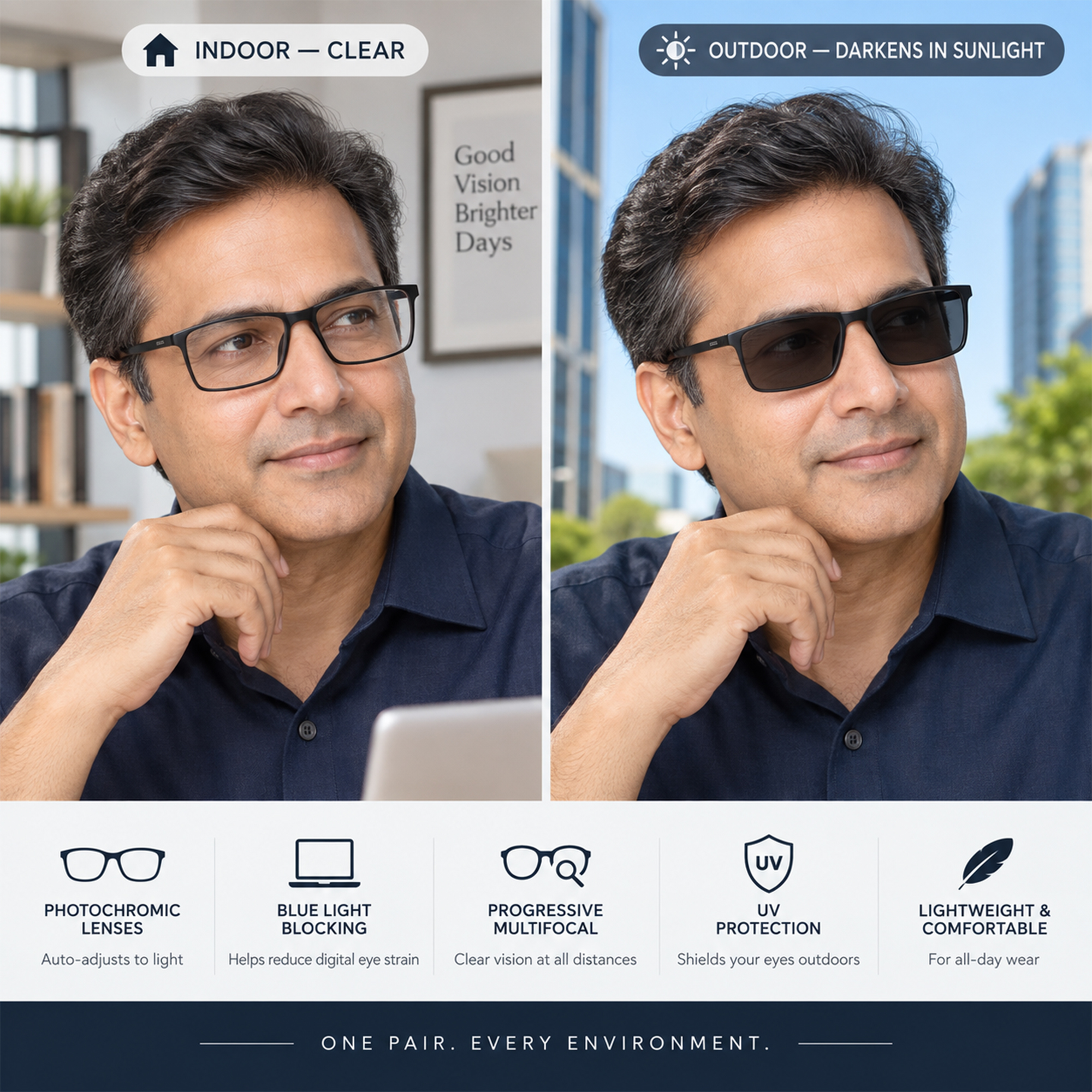 Hrinkar Photochromic Progressive Multifocal Reading Glasses Blue Light Blocking Women and Men +1.00 to +3.00 Multifocus Computer Readers with Spring Hinge | Day and Night Photo Grey Glasses | Black and Red | HRPR-PG15-BK-RD-100 | HRPR-PG15-BK-RD - Image 3